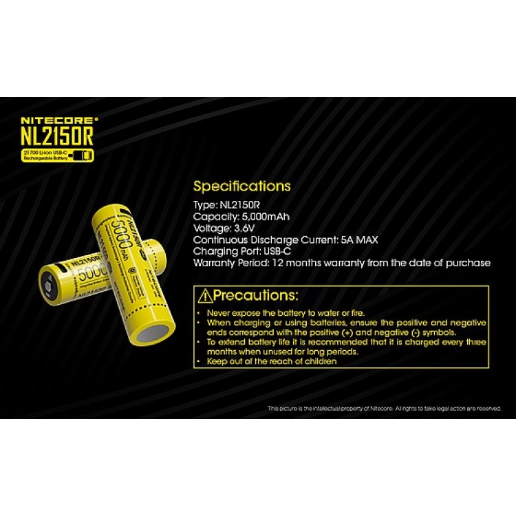 Nitecore NL2150R 5000mAh USB-C Rechargeable 21700 Battery Nitecore NL2150R 5000mAh USB-C Rechargeable 21700 Battery