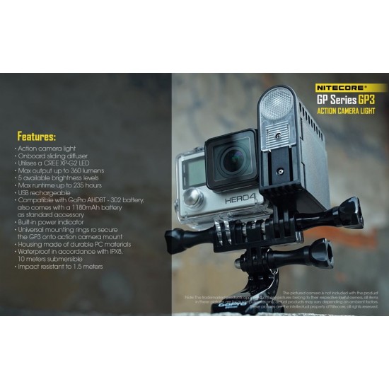 פנס לד אקסטרים מוגן מים למצלמת GOPRO גופרו 360 לומן | Nitecore GP3